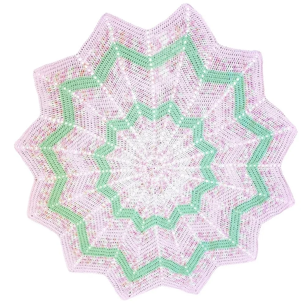 HANDMADE Crochet 12 Point Star Softee Baby Blanket‎ Afghan Pink Green 43 In NEW